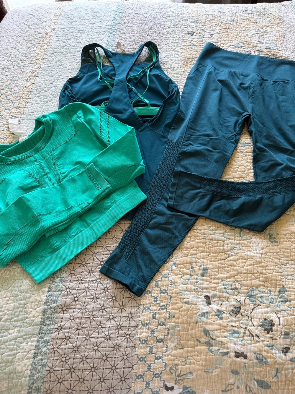 Fabletics Teal and Aqua Activewear Set - Crop Top, Sports Bra & Leggings
